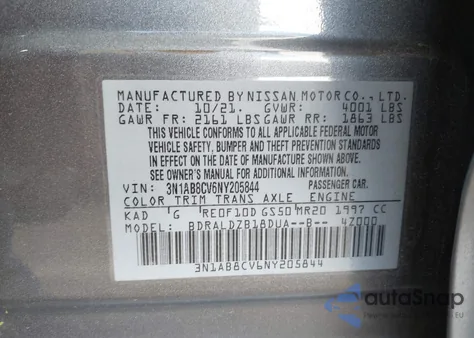 2022 Nissan Sentra Sv Xtronic Cvt z USA, uszkodzony, nr VIN 3N1AB8CV6NY205844